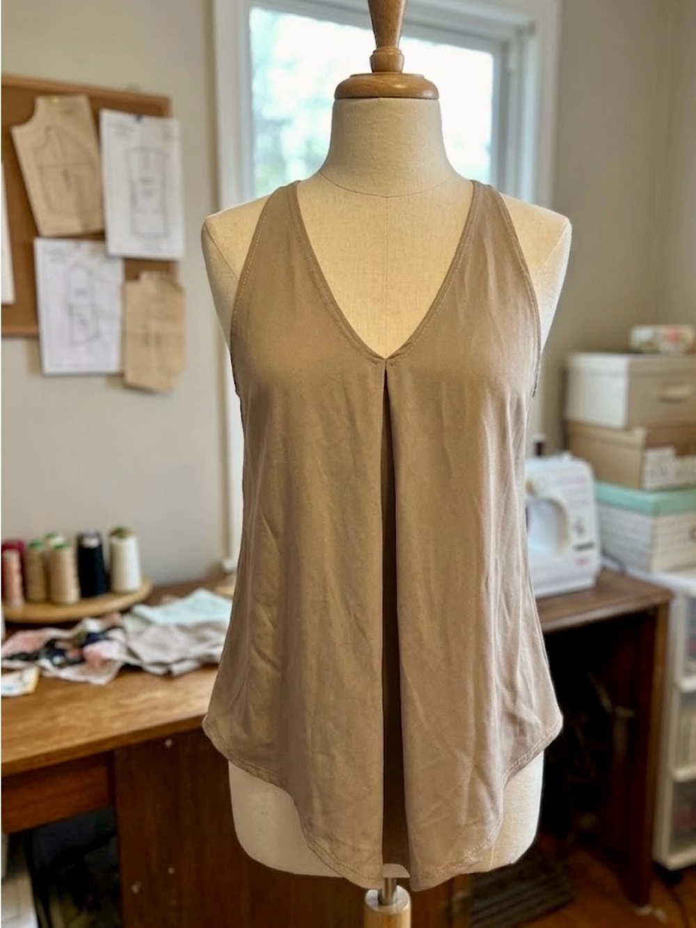 First Love Taupe V-Neck Pleated Tank Top